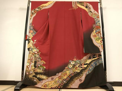 平和屋着物●豪華振袖　駒刺繍　草花文　暈し染め　金彩　正絹　逸品　AABL3091fy