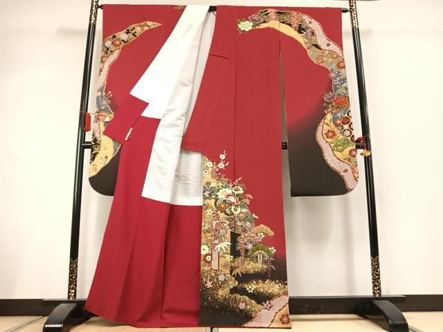 平和屋着物●豪華振袖　駒刺繍　草花文　暈し染め　金彩　正絹　逸品　AABL3091fy