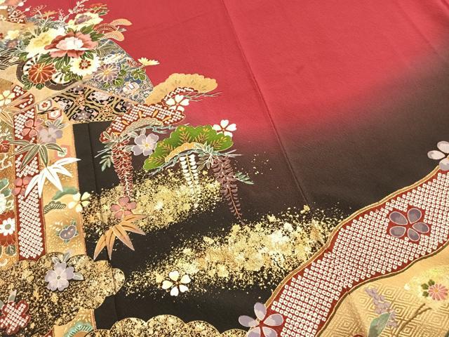 平和屋着物●豪華振袖　駒刺繍　草花文　暈し染め　金彩　正絹　逸品　AABL3091fy