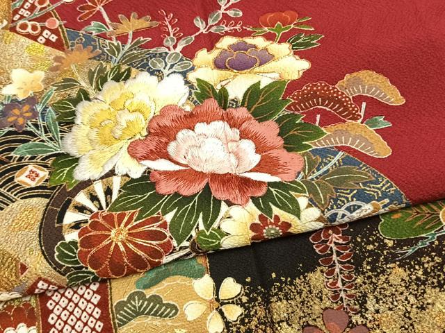 平和屋着物●豪華振袖　駒刺繍　草花文　暈し染め　金彩　正絹　逸品　AABL3091fy