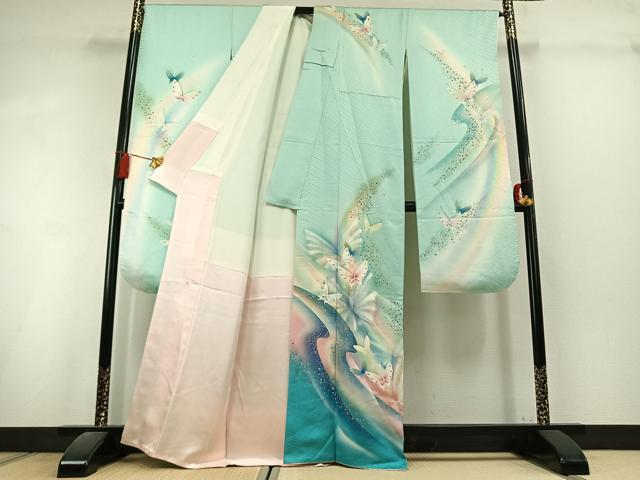 平和屋着物●パリコレクション　ファッションモデル・デザイナー　山口小夜子　振袖　舞蝶文　暈し染め　金銀彩　正絹　逸品　AABL3099fy