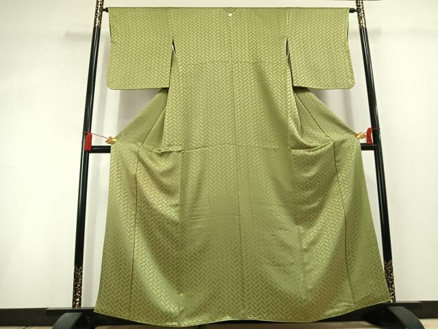 平和屋着物●上質な色無地　檜垣地紋　抹茶色　正絹　逸品　AABL3104fy