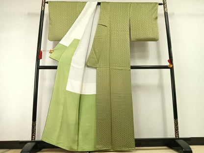 平和屋着物●上質な色無地　檜垣地紋　抹茶色　正絹　逸品　AABL3104fy