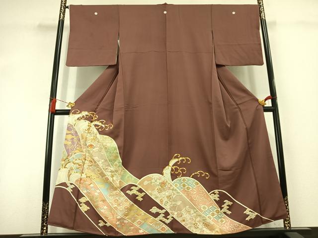平和屋着物●豪華色留袖　駒刺繍　宝尽くし花唐草文　金彩　正絹　逸品　AABL3107fy