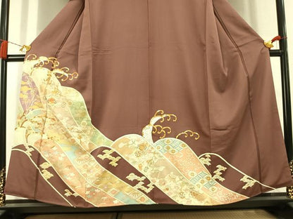 平和屋着物●豪華色留袖　駒刺繍　宝尽くし花唐草文　金彩　正絹　逸品　AABL3107fy