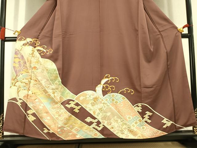 平和屋着物●豪華色留袖　駒刺繍　宝尽くし花唐草文　金彩　正絹　逸品　AABL3107fy
