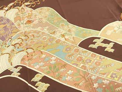 平和屋着物●豪華色留袖　駒刺繍　宝尽くし花唐草文　金彩　正絹　逸品　AABL3107fy
