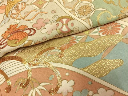 平和屋着物●豪華色留袖　駒刺繍　宝尽くし花唐草文　金彩　正絹　逸品　AABL3107fy