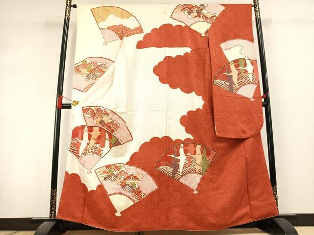 平和屋着物●豪華振袖　駒刺繍　扇面花鳥文　金彩　正絹　逸品　AABL3108fy