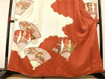 平和屋着物●豪華振袖　駒刺繍　扇面花鳥文　金彩　正絹　逸品　AABL3108fy