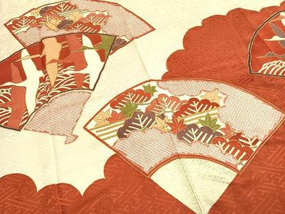 平和屋着物●豪華振袖　駒刺繍　扇面花鳥文　金彩　正絹　逸品　AABL3108fy