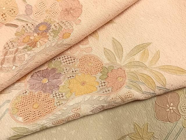 平和屋着物●訪問着　中国三大刺繍　スワトウ刺繍　汕頭刺繍　総刺繍　草花松文　暈し染め　正絹　逸品　AABL3112fy