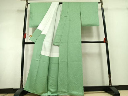 平和屋着物●上質な色無地　南天地紋　若緑色　正絹　逸品　未使用　AABL3113fy