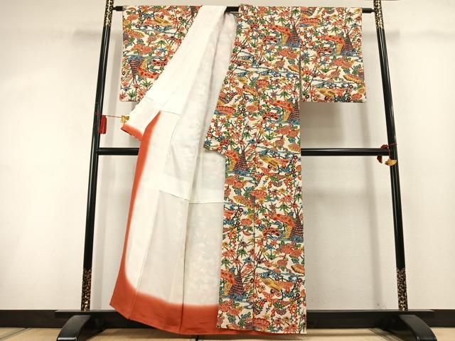 平和屋着物●上質な小紋　型染め　松竹梅　風景文　鬼しぼ縮緬　正絹　逸品　AABL3134fy
