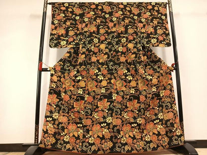 平和屋着物●訪問着　花蝶文　黒地　金彩　鬼しぼ縮緬　正絹　逸品　未使用　AABL3139fy