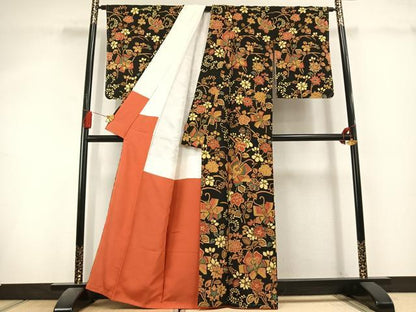 平和屋着物●訪問着　花蝶文　黒地　金彩　鬼しぼ縮緬　正絹　逸品　未使用　AABL3139fy