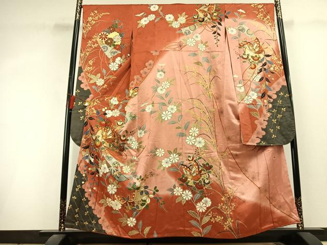 平和屋着物●女優・後藤久美子ブランド　振袖　駒刺繍　花蝶文　暈し染め　金銀彩　正絹　逸品　AABL3144fy