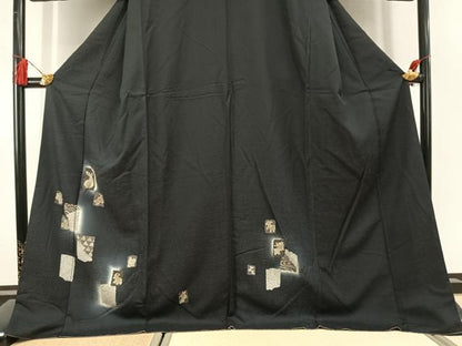 平和屋着物●訪問着　駒刺繍　十二支　暈し染め　黒地　金彩　ロング丈　正絹　逸品　AABL3148fy