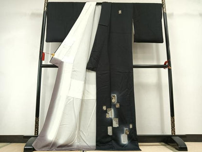 平和屋着物●訪問着　駒刺繍　十二支　暈し染め　黒地　金彩　ロング丈　正絹　逸品　AABL3148fy