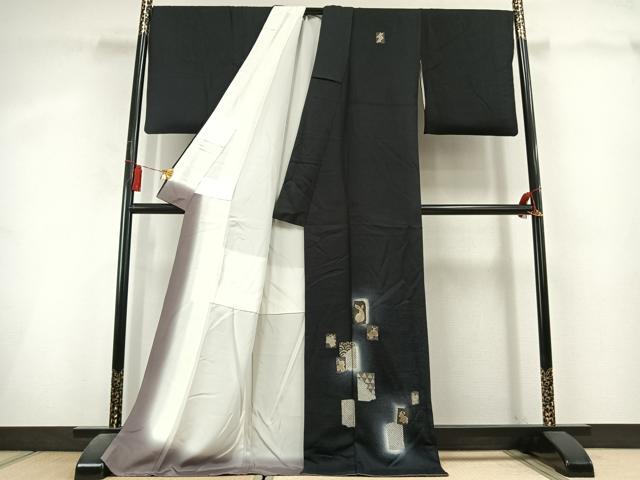 平和屋着物●訪問着　駒刺繍　十二支　暈し染め　黒地　金彩　ロング丈　正絹　逸品　AABL3148fy