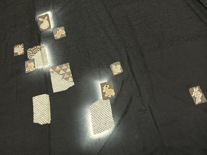 平和屋着物●訪問着　駒刺繍　十二支　暈し染め　黒地　金彩　ロング丈　正絹　逸品　AABL3148fy