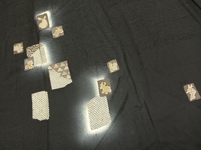 平和屋着物●訪問着　駒刺繍　十二支　暈し染め　黒地　金彩　ロング丈　正絹　逸品　AABL3148fy