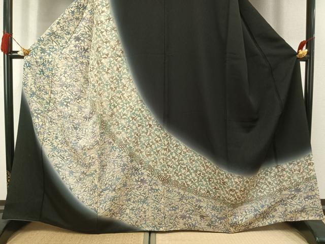 平和屋着物●訪問着　型染め　枝葉文　暈し染め　黒地　正絹　逸品　AABL3160fy