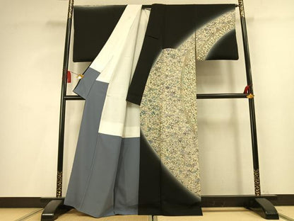 平和屋着物●訪問着　型染め　枝葉文　暈し染め　黒地　正絹　逸品　AABL3160fy