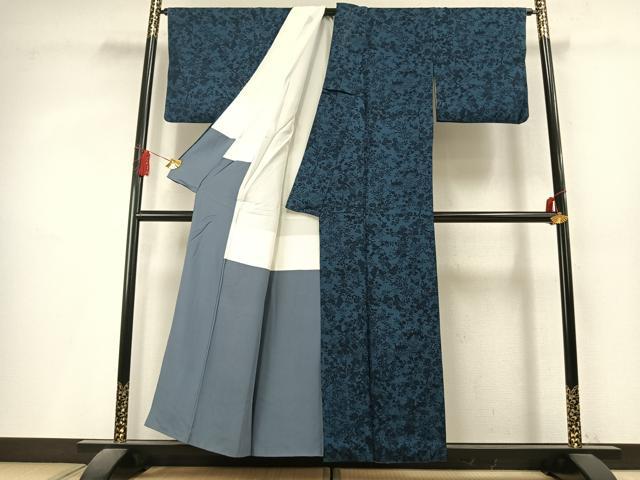 平和屋着物●上質な小紋　藍　型染め　花鳥文　正絹　逸品　AABL3177fy