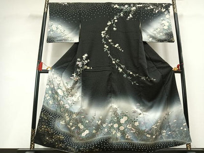 平和屋着物●訪問着　絞り　草花文　暈し染め　黒地　金銀彩　正絹　逸品　AABL3183fy