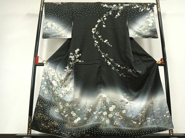 平和屋着物●訪問着　絞り　草花文　暈し染め　黒地　金銀彩　正絹　逸品　AABL3183fy