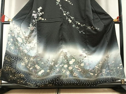 平和屋着物●訪問着　絞り　草花文　暈し染め　黒地　金銀彩　正絹　逸品　AABL3183fy