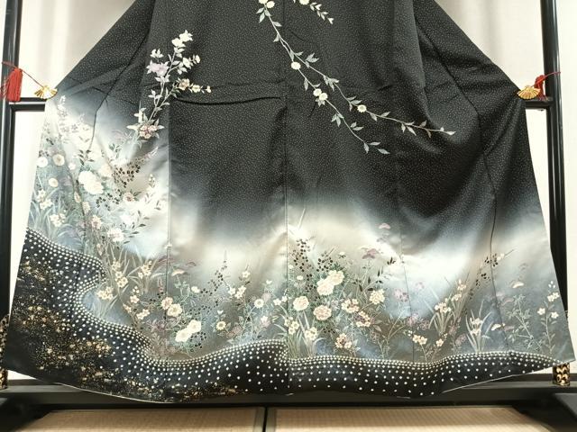 平和屋着物●訪問着　絞り　草花文　暈し染め　黒地　金銀彩　正絹　逸品　AABL3183fy