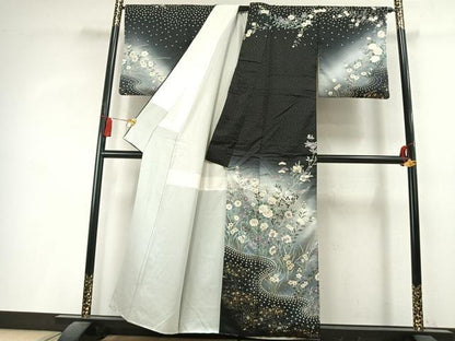 平和屋着物●訪問着　絞り　草花文　暈し染め　黒地　金銀彩　正絹　逸品　AABL3183fy