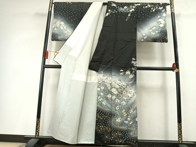 平和屋着物●訪問着　絞り　草花文　暈し染め　黒地　金銀彩　正絹　逸品　AABL3183fy