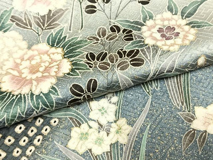 平和屋着物●訪問着　絞り　草花文　暈し染め　黒地　金銀彩　正絹　逸品　AABL3183fy