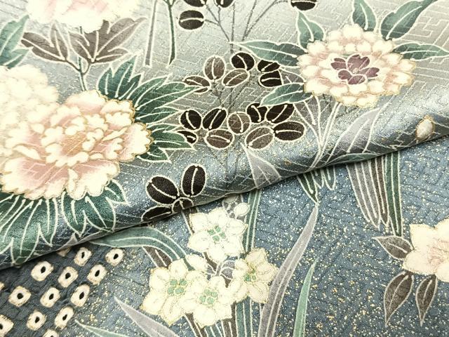 平和屋着物●訪問着　絞り　草花文　暈し染め　黒地　金銀彩　正絹　逸品　AABL3183fy