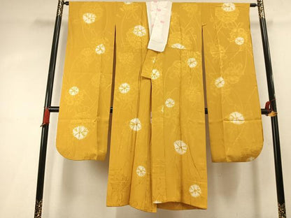 平和屋着物●振袖用長襦袢　無双仕立て　草花地紋　山吹色　やまと誂製　半衿刺繍　正絹　逸品　AABL3184fy