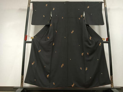 平和屋着物●上質な小紋　草花文　黒地　金彩　正絹　逸品　AABL3187fy