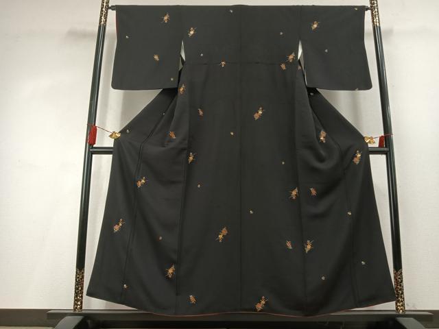 平和屋着物●上質な小紋　草花文　黒地　金彩　正絹　逸品　AABL3187fy