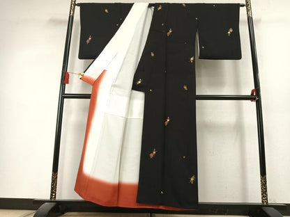 平和屋着物●上質な小紋　草花文　黒地　金彩　正絹　逸品　AABL3187fy