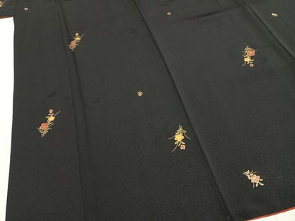 平和屋着物●上質な小紋　草花文　黒地　金彩　正絹　逸品　AABL3187fy