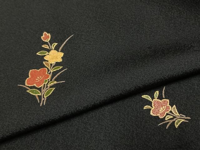 平和屋着物●上質な小紋　草花文　黒地　金彩　正絹　逸品　AABL3187fy