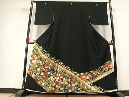 平和屋着物●豪華黒留袖　花鳥文　金彩　正絹　逸品　AABL3188fy