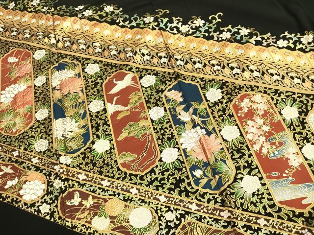 平和屋着物●豪華黒留袖　花鳥文　金彩　正絹　逸品　AABL3188fy