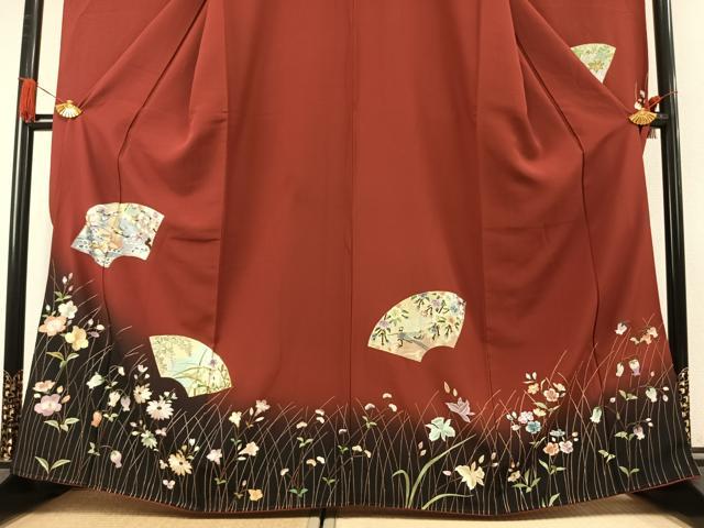 平和屋着物●豪華振袖　総刺繍　地紙舞蝶花鳥文　暈し染め　金糸　正絹　逸品　AABL3195fy