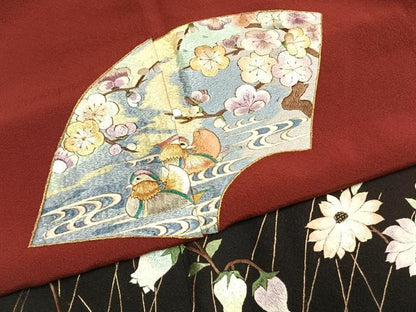 平和屋着物●豪華振袖　総刺繍　地紙舞蝶花鳥文　暈し染め　金糸　正絹　逸品　AABL3195fy