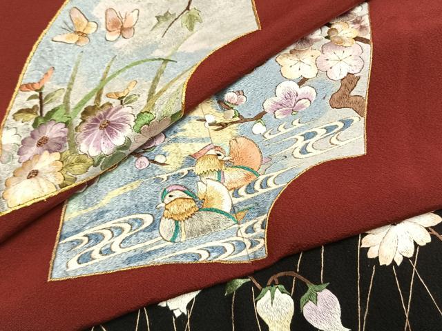 平和屋着物●豪華振袖　総刺繍　地紙舞蝶花鳥文　暈し染め　金糸　正絹　逸品　AABL3195fy