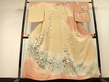 平和屋着物●十日町友禅作家　松雨　訪問着　枝花文　暈し染め　金銀彩　正絹　逸品　未使用　AABL3206fy