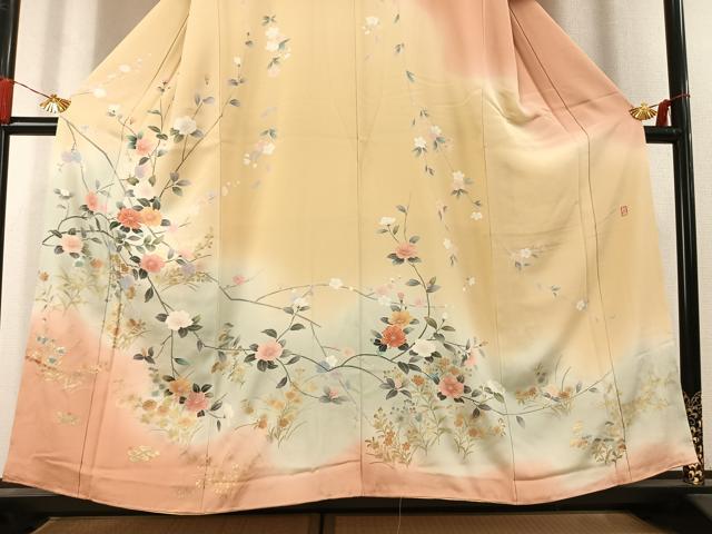 平和屋着物●十日町友禅作家　松雨　訪問着　枝花文　暈し染め　金銀彩　正絹　逸品　未使用　AABL3206fy